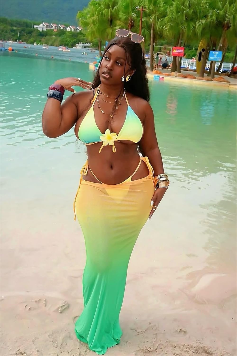 CALEBGAR 3 Piece Swimsuits for Women Sexy Triangle Cheeky Bikini Set with Mesh Skirt Cover Up Summer Beach Vacation Outfits