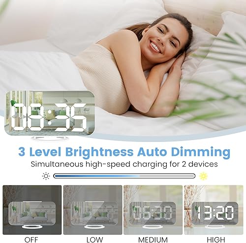 Miniatura 4 de Reloj Despertador Digital, Pantalla Grande LED y Reloj de Escritorio con Espejo con Puertos Duales de Cargador USB, 3 Niveles de Brillo, 12/24H