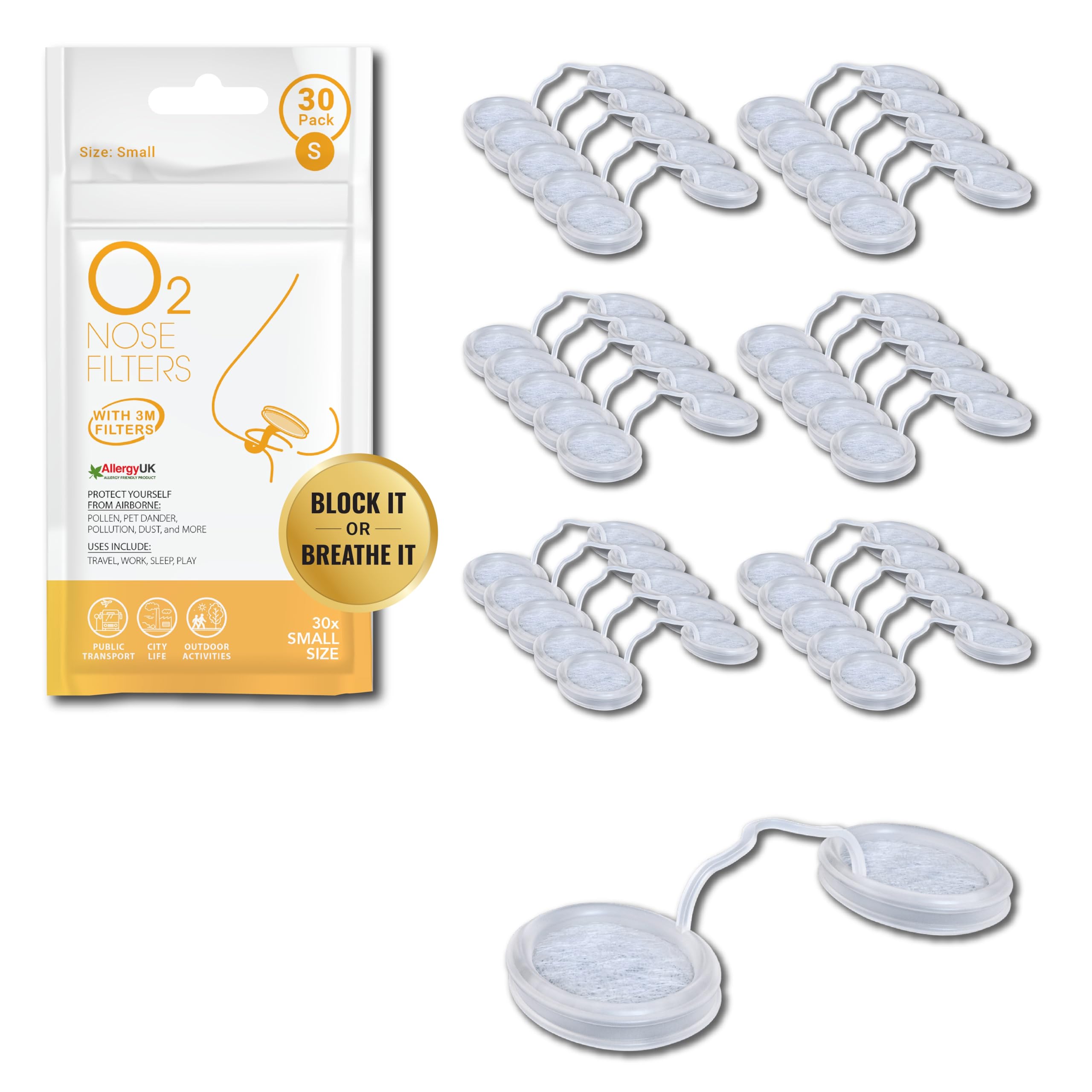 O2 Nose Filters with 3M Filtration - Nasal Screens for Allergies, Dust &amp; Smoke - Drug-Free &amp; Latex-Free Nose Filters - Invisible Allergy Protection (Small x 30)