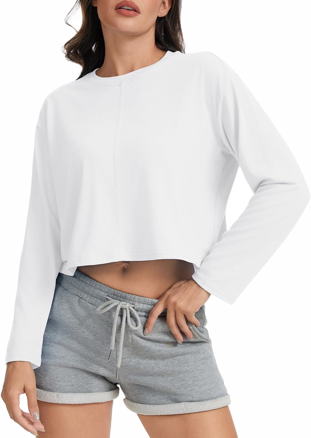 Long Sleeve Crop Tops for Women Loose Oversized Shirts Cropped Tee - Image 4