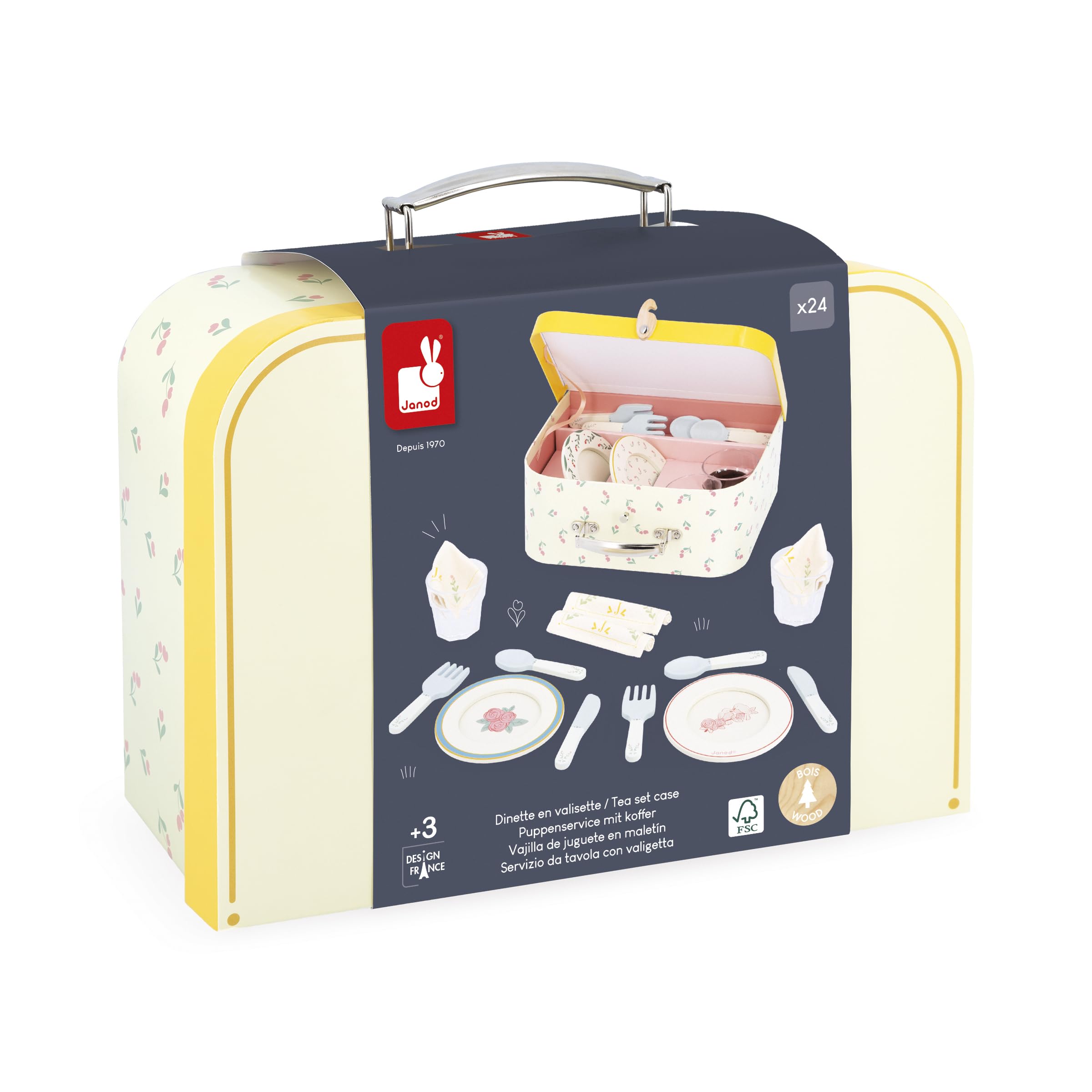Janod Juego de Comedor de Madera - Kit de Picnic Infantil - para 4 Personas - 25 Piezas - Juego de Cartón - óptimo Accesorios de Cocina Infantil - Desarrolla la Imaginación - A Partir de 3 años
