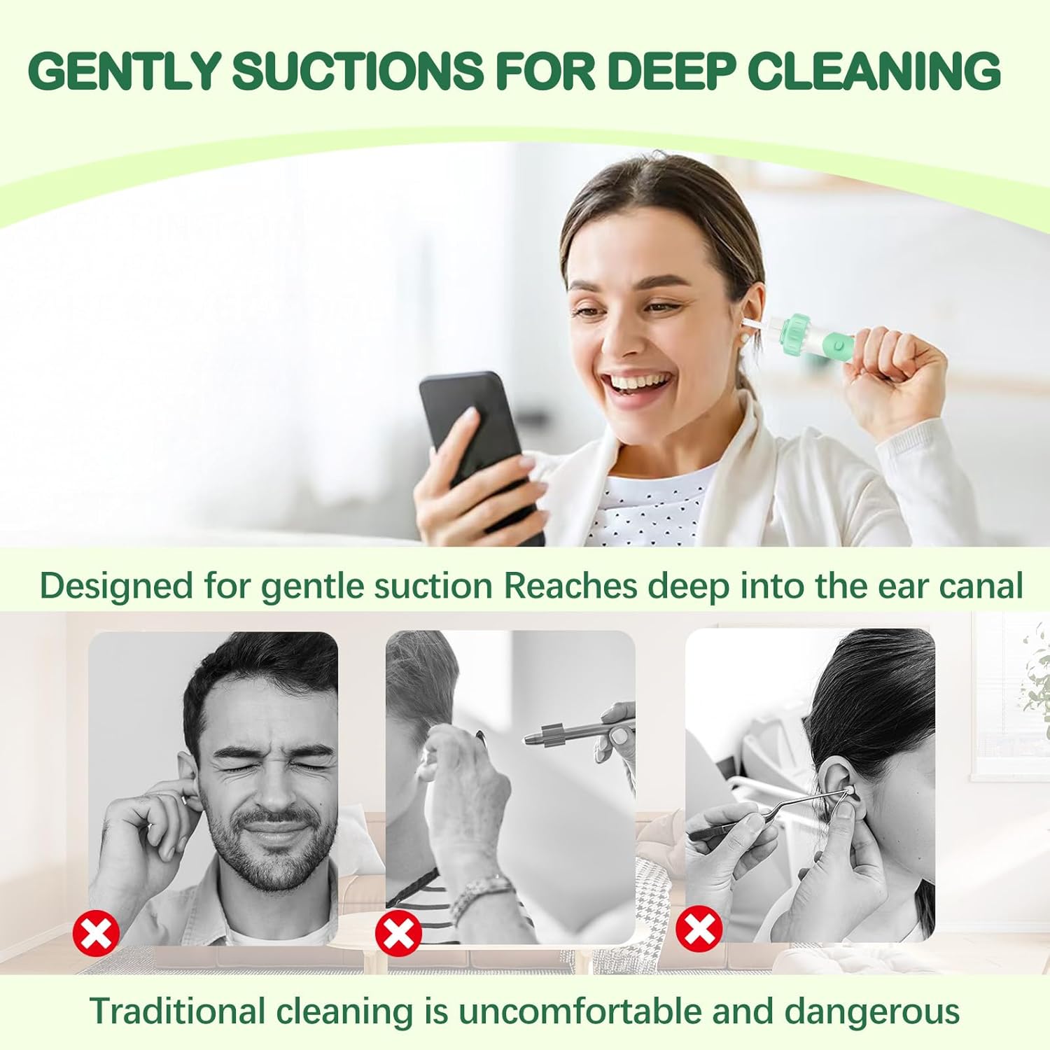 Electric Ear Cleaner with Gentle Suction & Soft Vibration, Ear Cleaning Tool with Soft Silicone Tips, Low Noise Portable Ear Care Set for Daily Outer Ear Cleaning,Aqua Green