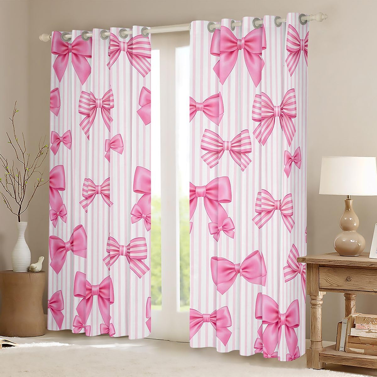 Homemissing Cortinas opacas de satén con lazo de princesa para dormitorio, sala de estar, lazo rosa, cortinas opacas Kawaii Coquette para oscurecer la habitación, 2 paneles de 66 pulgadas de ancho x