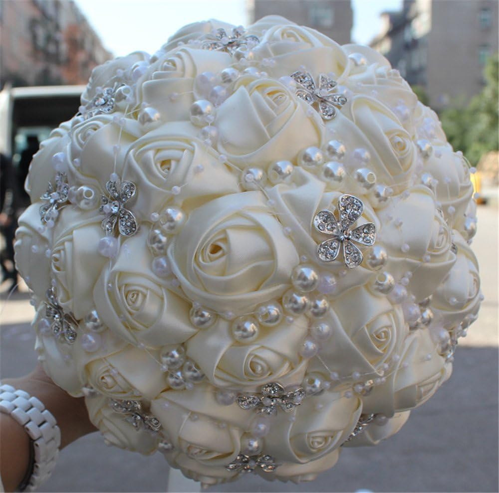 USIX Handcraft Popular Satin Rose Rhinestone Brooch Flower Pearl Bridal Holding Wedding Bouquet Wedding Flower Arrangements Bridesmaid Bouquet(Ivory)