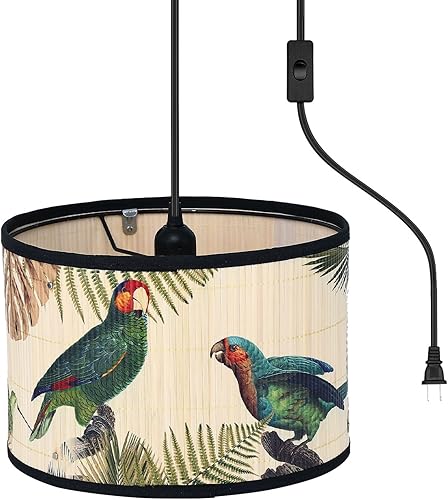 Bioaqua - Lámpara colgante de bambú con cable enchufable (15 pies), lámpara colgante de macramé estilo bohemio con patrón, luces colgantes bohemias