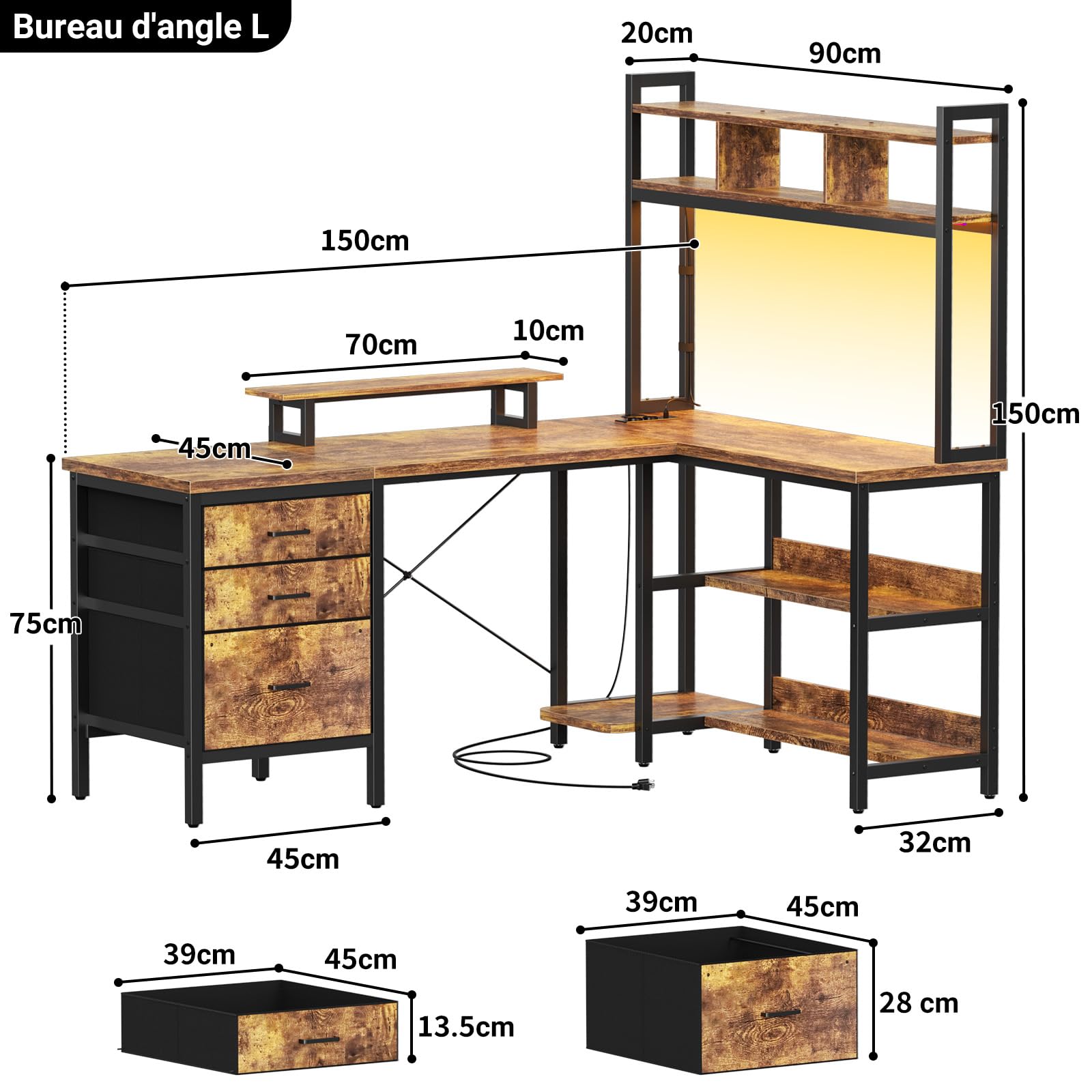Homieasy Bureau d'angle Gaming 150cm LED, Prises, Tiroirs, Brun Rustique
