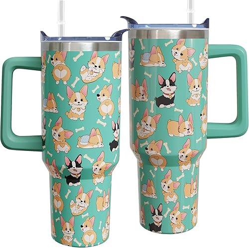 Vaso de 40 onzas con asa y pajita, botella de agua Corgi Stuff de acero inoxidable con aislamiento de Corgi, taza de viaje de café Corgi, regalos