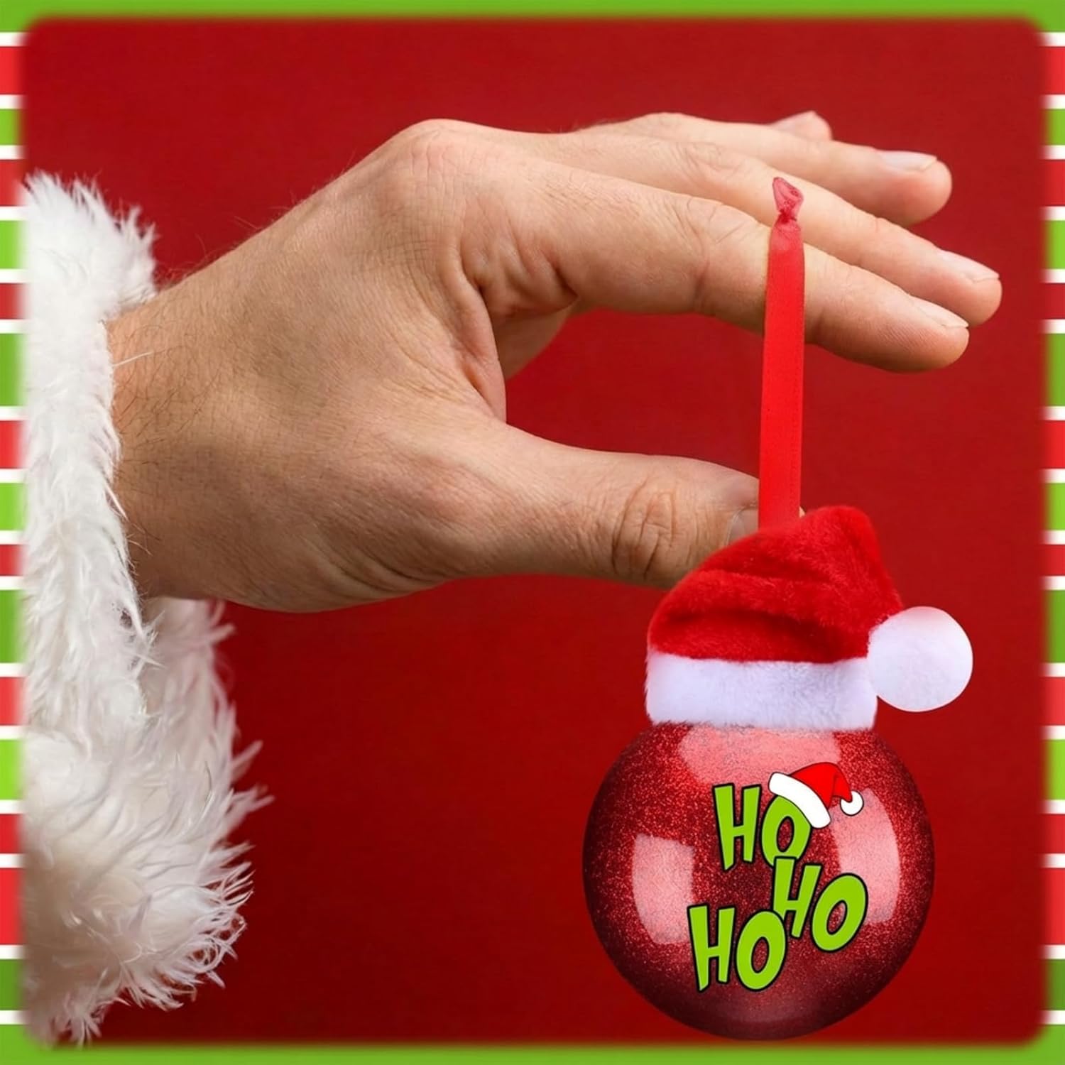 12 Set Lime Green Furry Christmas Ball Ornaments 2.4" Green Monster Hanging Ornaments with Fuzzy Hair Red Santa Hats Glitter Elf Xmas Balls with Stickers for Christmas Party Gifts Supplies - Image 4