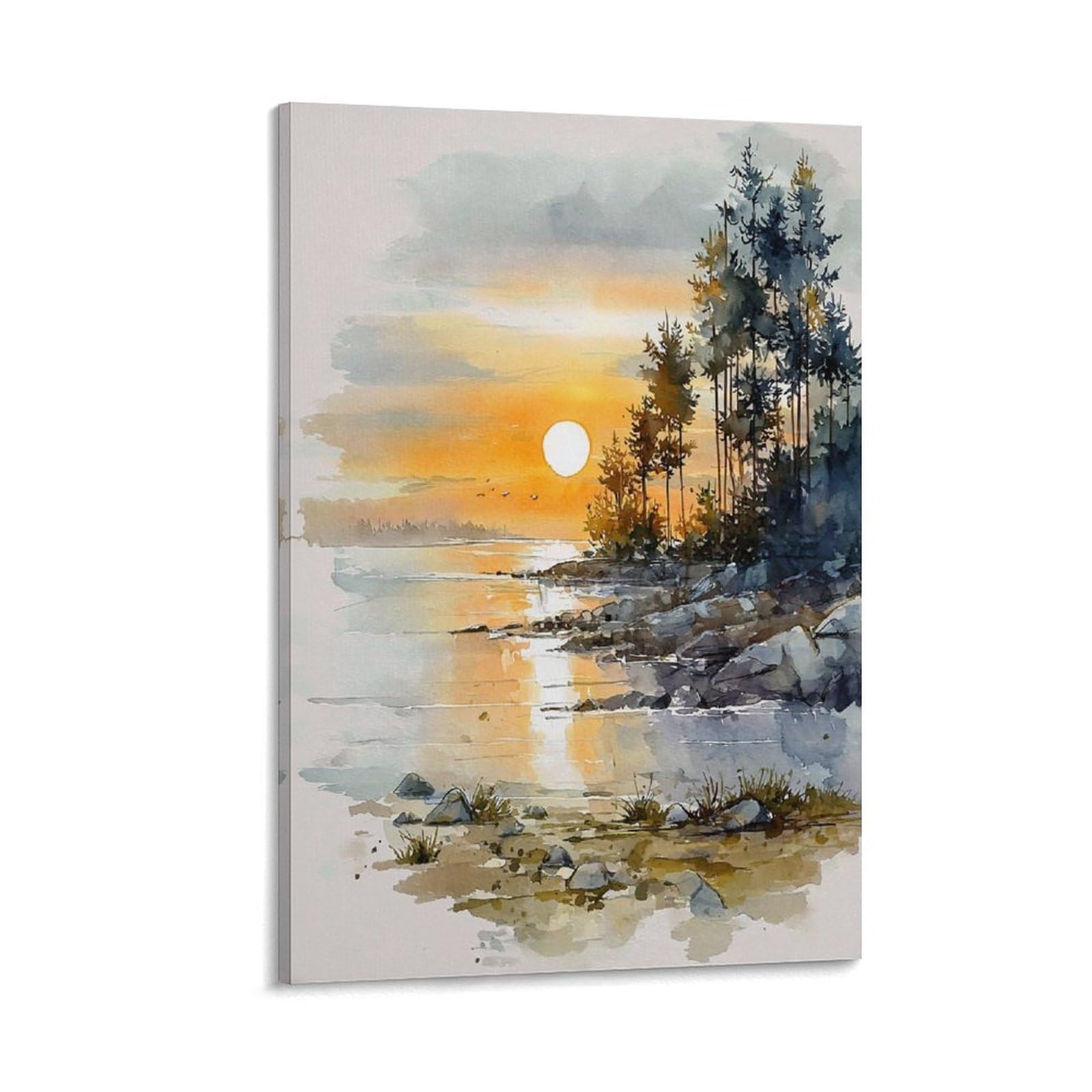 XWYMXZ Lake Erie Sunset 20x30inch(50x75cm) Vintage Travel Poster Watercolor Canvas Art