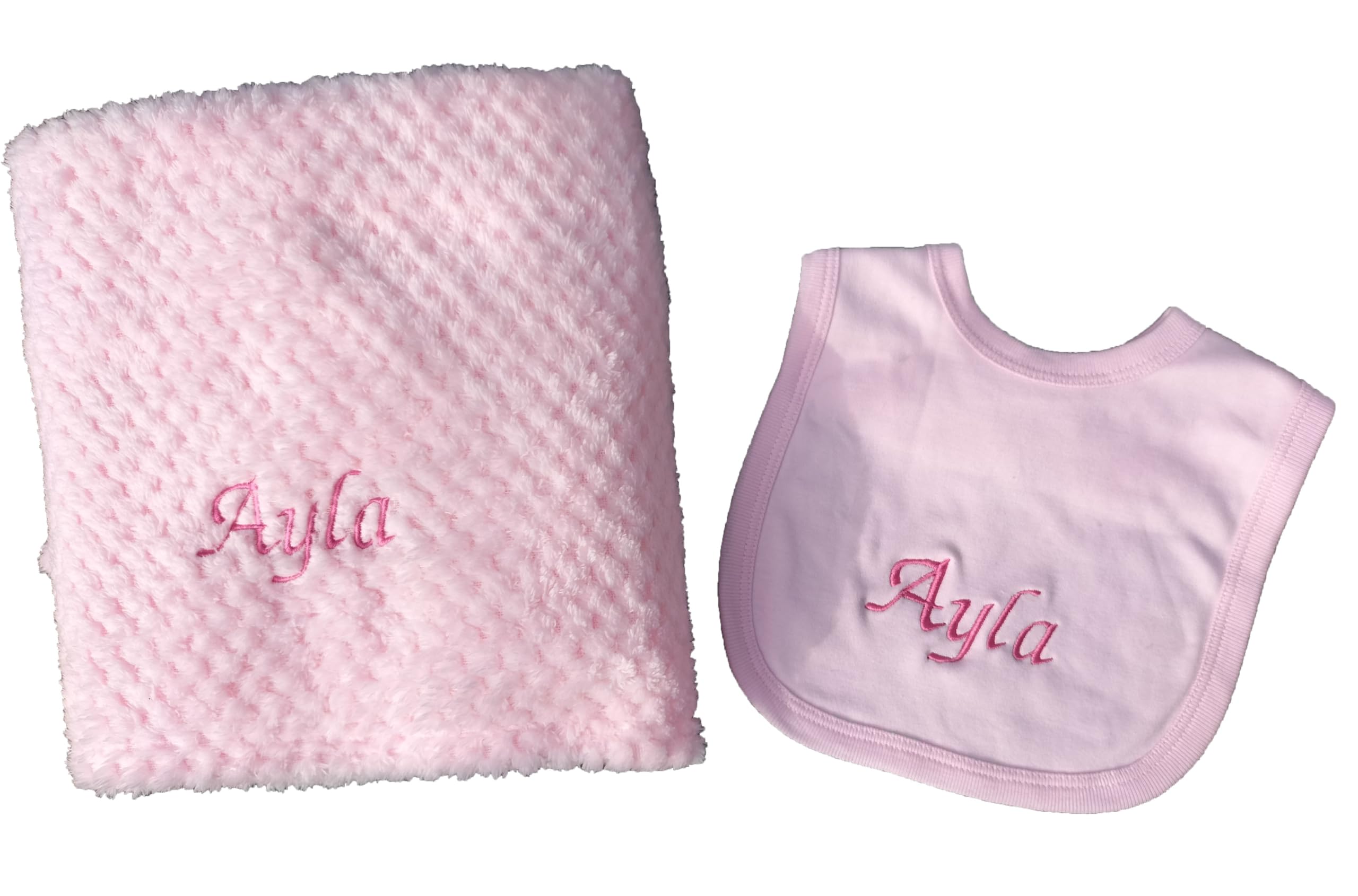 Personalised baby fleece blanket and bib gift set with name baby girl baby boy neutral gift (Pink)