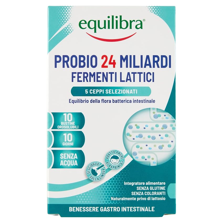 Equilibra Integratori Alimentari, Probio 24 Miliardi, Integratore Di Fermenti Lattici Per L'Equilibrio Della Flora Intestinale, Senza Acqua, Senza Glutine, 10 Bustine Orosolubili