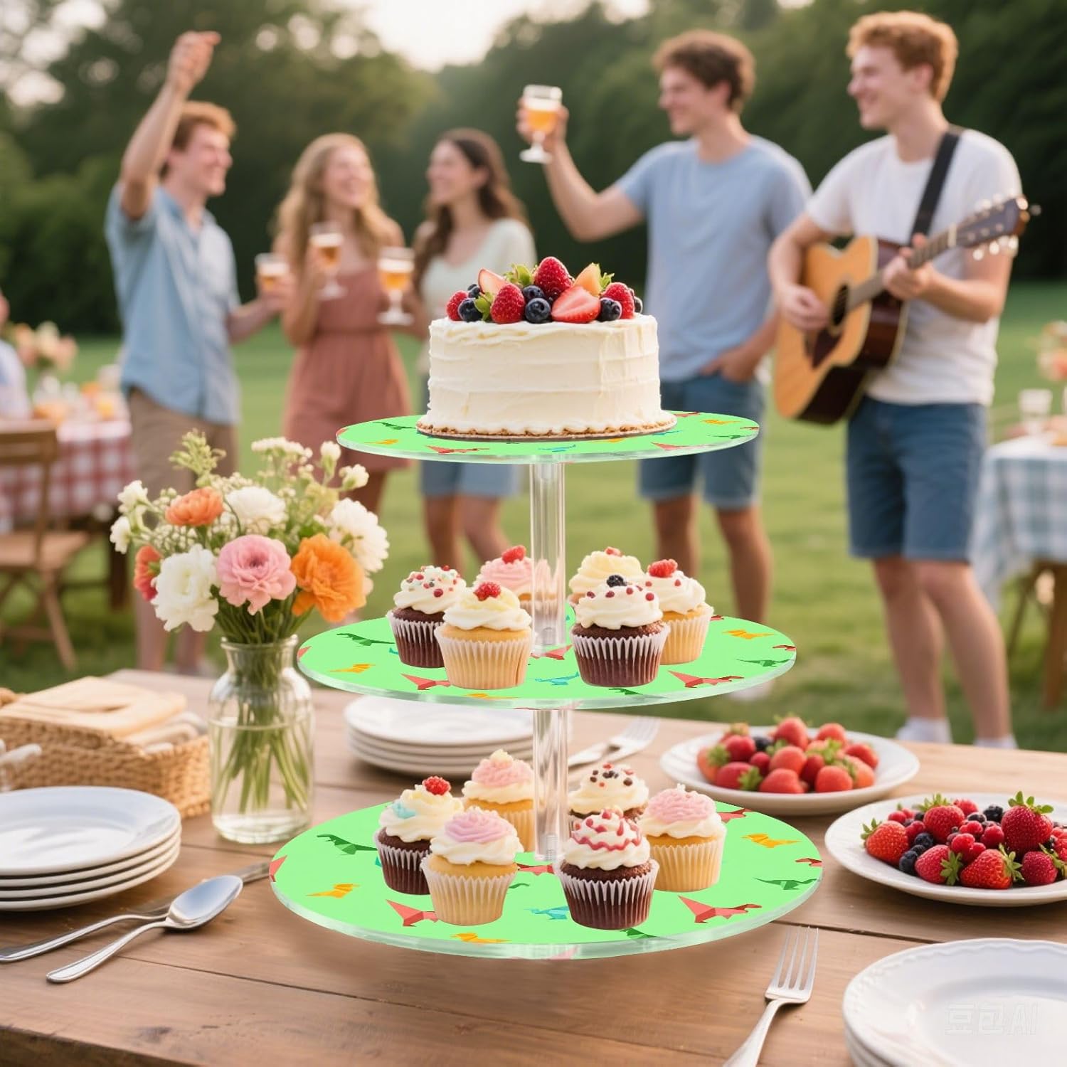 Little Dinosaur 3 Tier Acrylic Cupcake Stand, Cupcake Stand for 34 Cupcakes for Weddings,Christmas,Holidays,Parties,Birthday,Printed Cupcake Tower 23300005