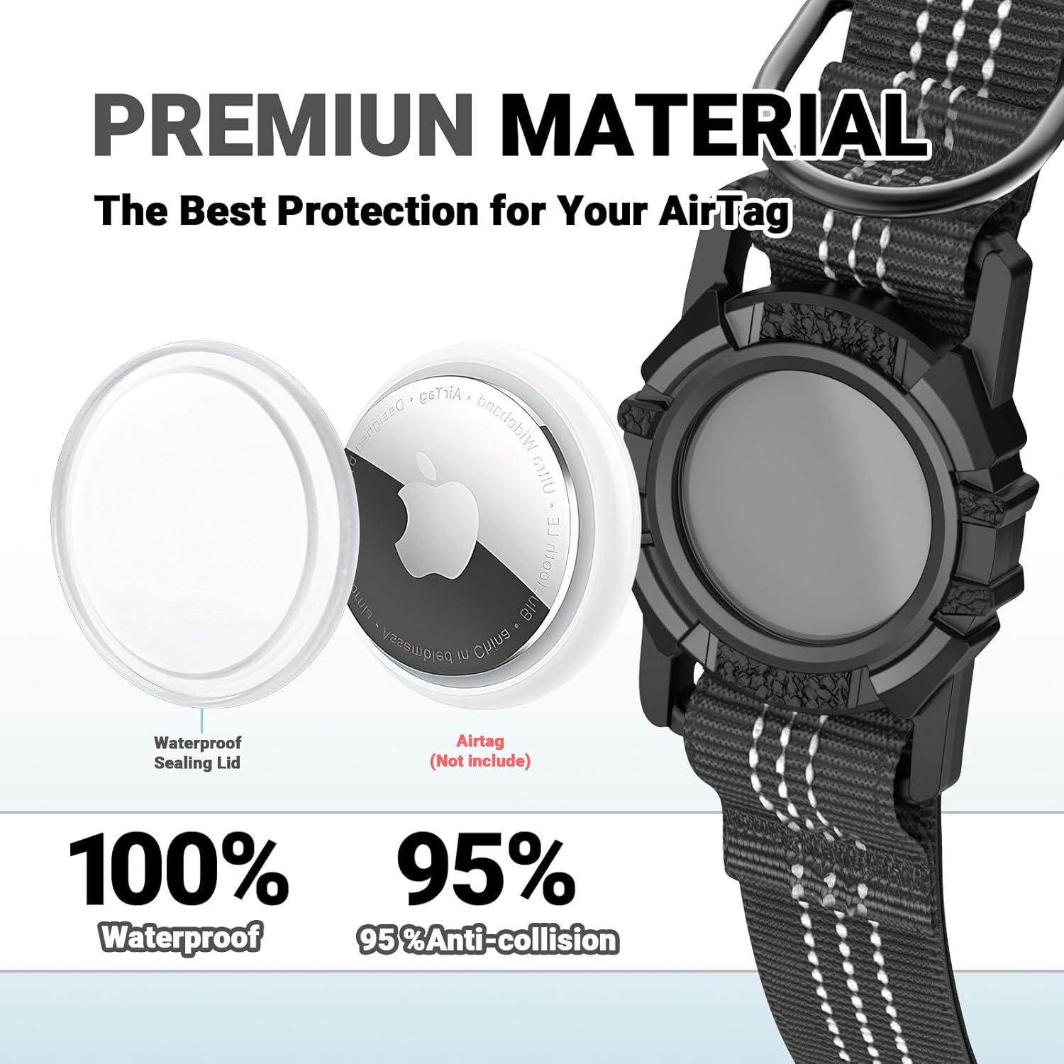 AirTag Dog Collar and Leash, IP68 Waterproof Integrated with Reflective, Ultra-Durable, Comfortable Padded, Heavy Duty Dog Collars for Small Medium Large Dogs, L (14.8"-20.3"), Black