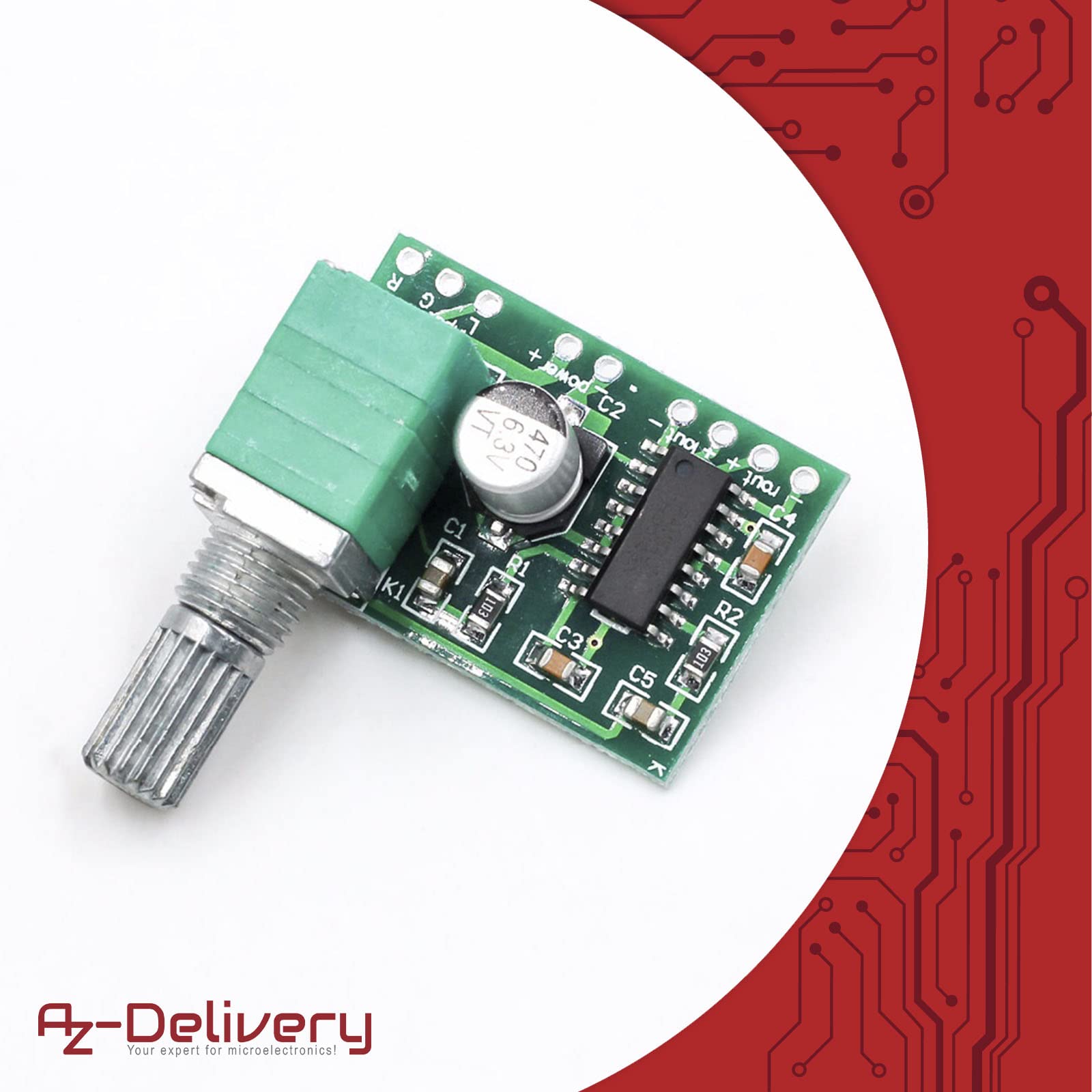 AZDelivery PAM8403 mini amplificatore stereo digitale 2x 3 Watt DC 5V scheda amplificatore di potenza con potenziometro per fai da te altoparlanti e cuffie incluso E-Book