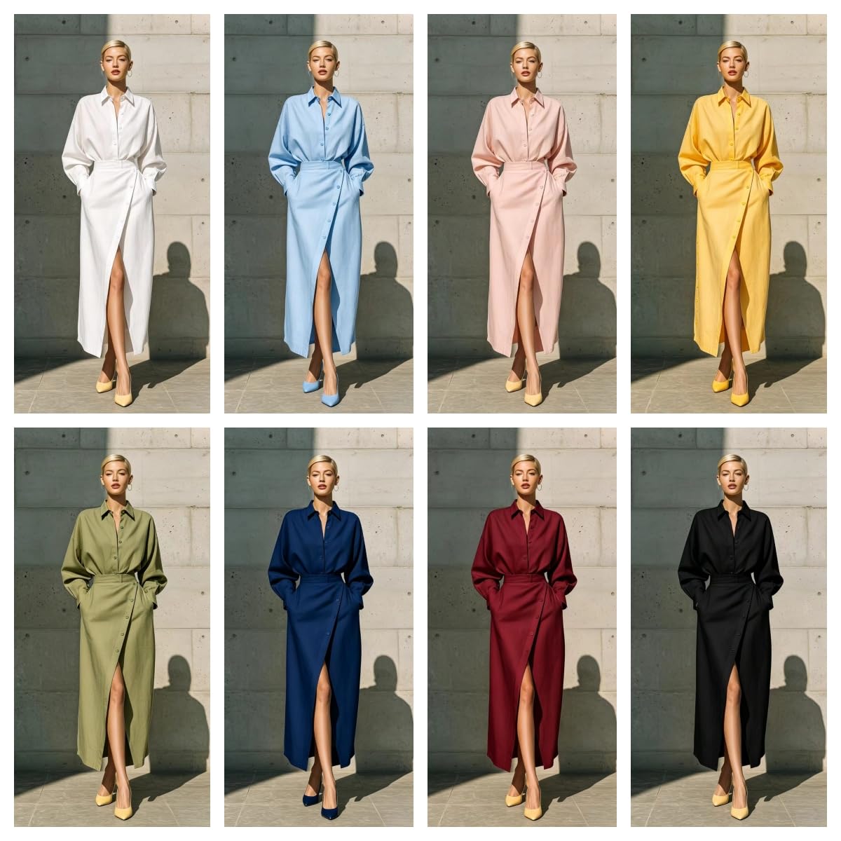Completo da Donna a Due Pezzi: Camicia Maniche Lunghe con Bottoni E Gonna Midi Vita Alta con Spacco Laterale E Bottoni, Ideale per L'Ufficio E Il Lavoro, con Tasche.