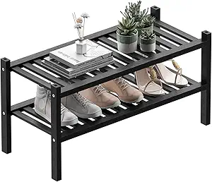 2 Tier (Thick) Bamboo Shoe Rack for Closet Free Standing Wood Shoe Shelf for Entryway Small Space Stackable 27"x12"x14" (Black)