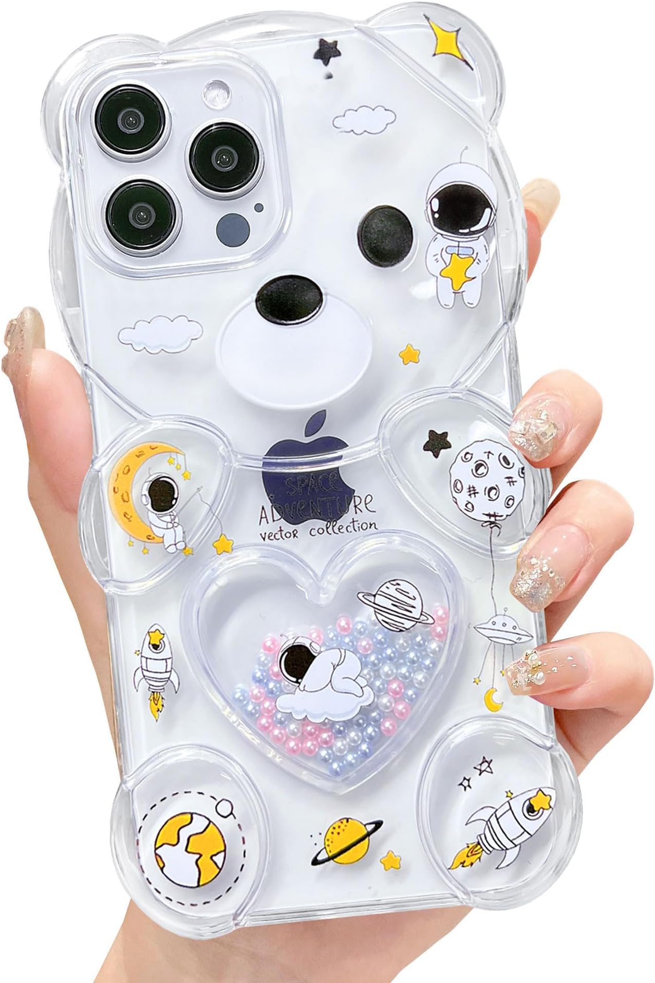 Cute Phone Cases for iPhone 15 Pro Max Clear with Cartoon 3D Bear Astronaut Space Design Flexible TPU Shockproof Women Girls Kids Kawaii Phone Cover for iPhone 15 Pro Max