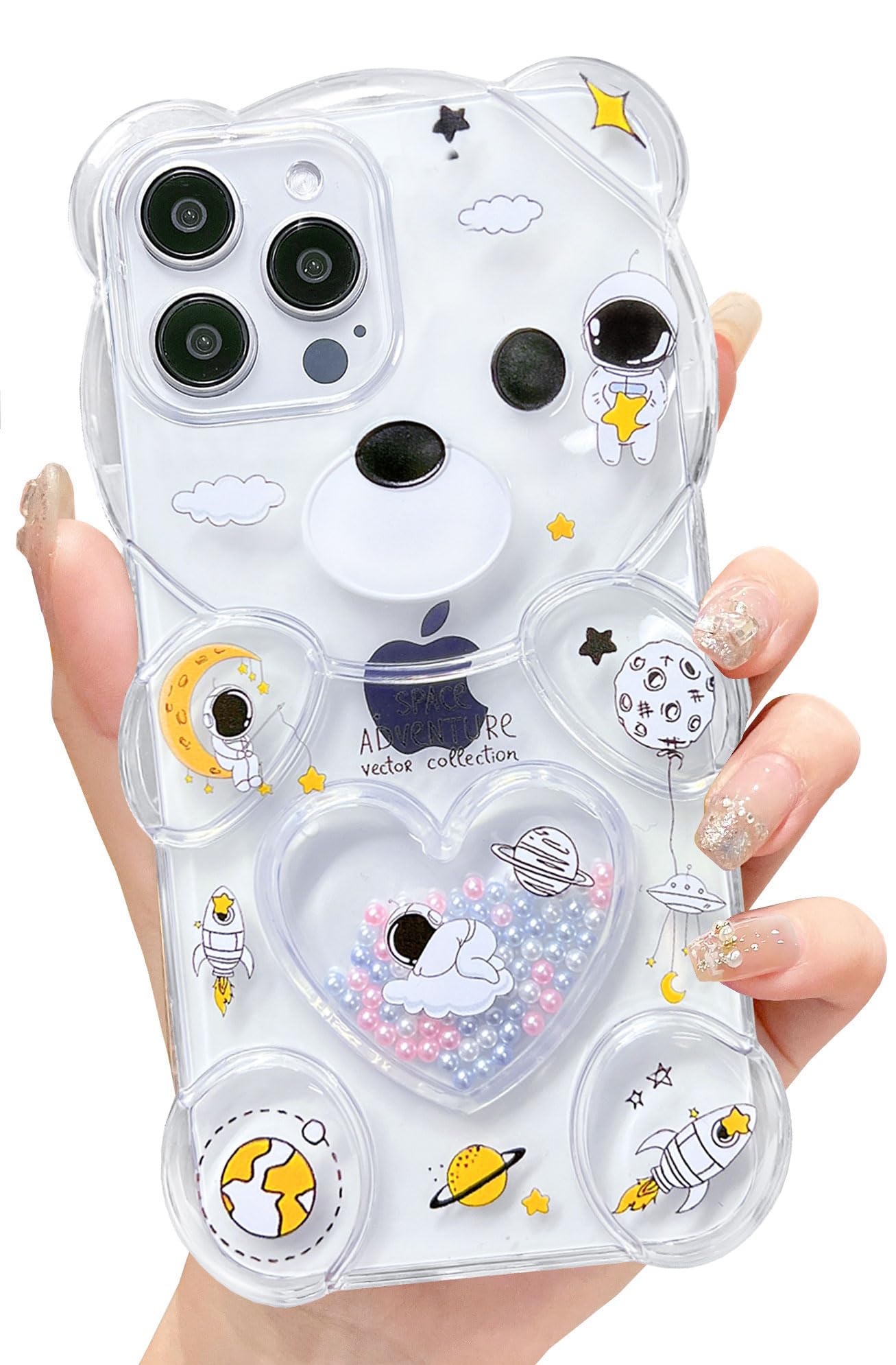 Cute Phone Cases for iPhone 15 Pro Max Clear with Cartoon 3D Bear Astronaut Space Design Flexible TPU Shockproof Women Girls Kids Kawaii Phone Cover for iPhone 15 Pro Max