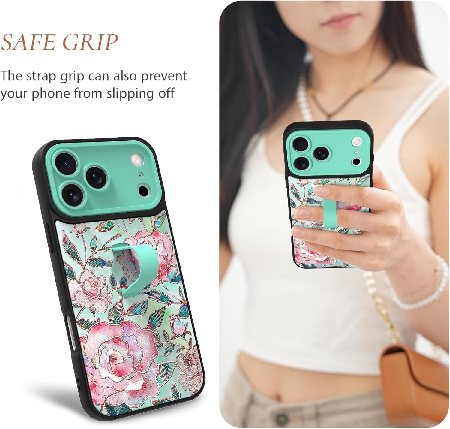 Compatible with iPhone 17 Pro Max Case with Finger Strap Stand, Cute Flowers Print Phone Case for Women Girls, Full Camera Protection Shockproof Protective Cover, Glitter Rose