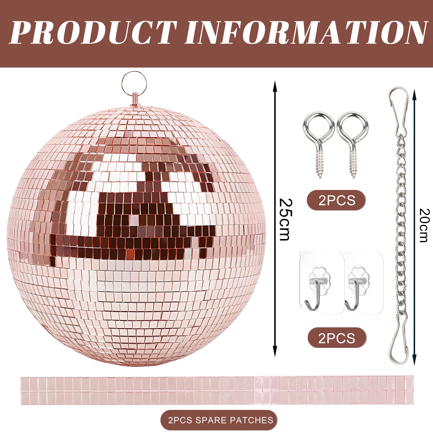 Boule disco de 25 cm - Boules disco à suspendre - Boule de miroir de 25 cm avec mini miroir autocollant et crochet autocollant - Boules de miroir - Boules disco idéales pour les fêtes ou l'effet
