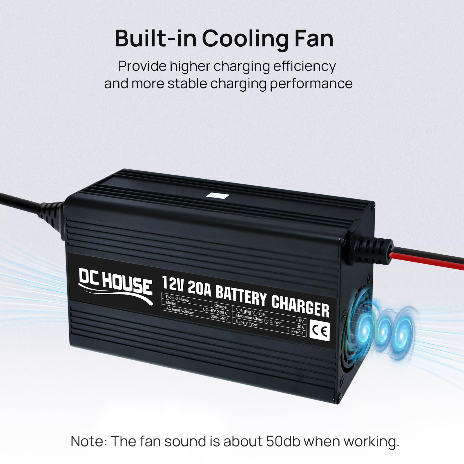 DCHOUSE Caricabatterie al litio da 12 V 20 A, connettore rapido e indicatore LED | Caricabatterie LiFePO4 da 14,6 V, ricarica rapida intelligente da 300 W per batterie solari e domestiche