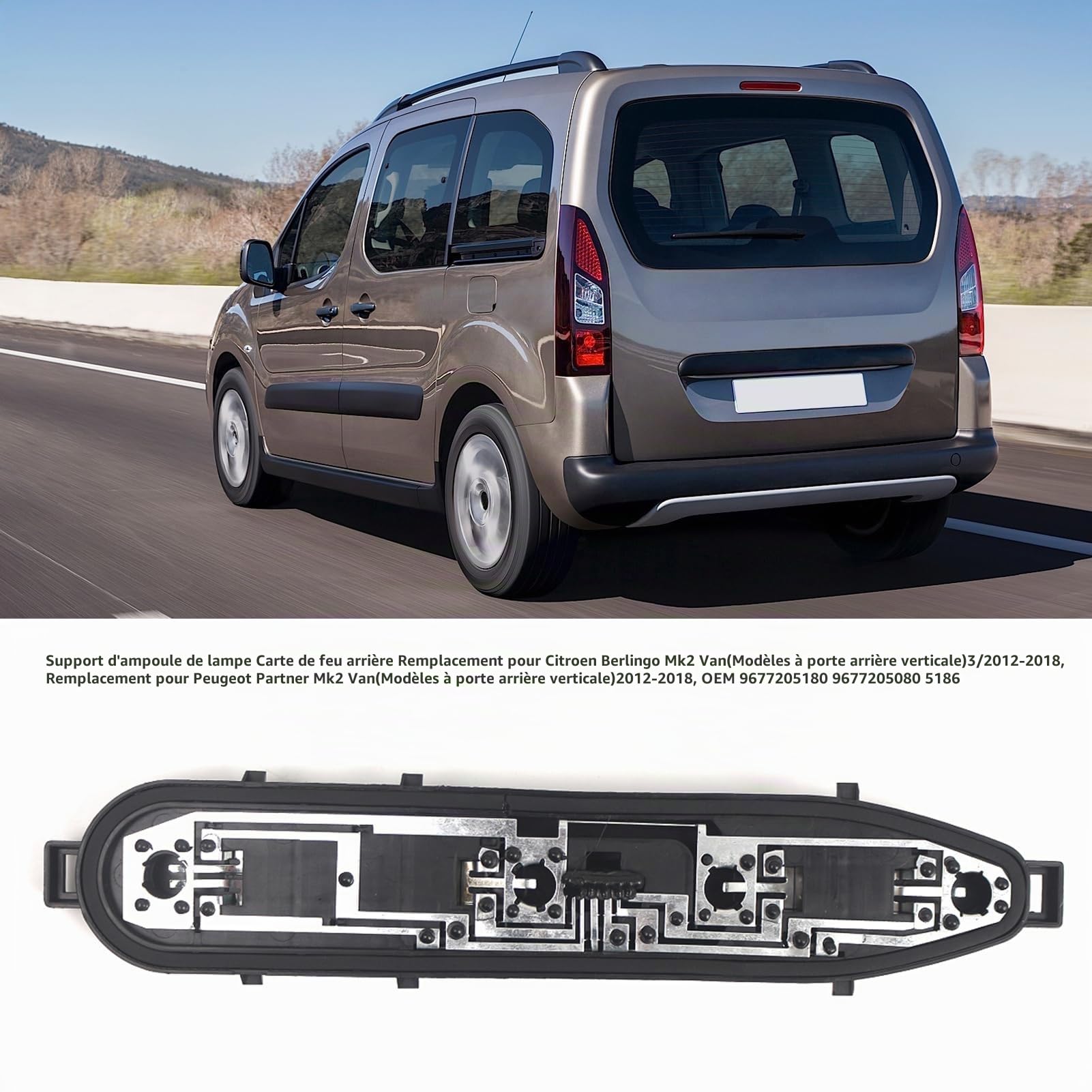 Shkalacar Support d'ampoule de Lampe, Support de Lampe de feu arrière Remplacement Compatible avec fourgonnette Citroën Berlingo Mk2 (modèles à Porte Verticale arrière) 3/2012-2018