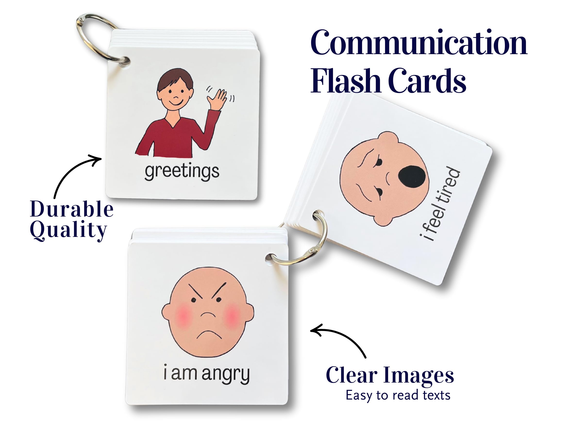 Communication Aid Cards for Non-Verbal Children, Autism Spectrum, Speech Delay, 25 Double-Sided Cards with Retractable Key Ring - Image 2