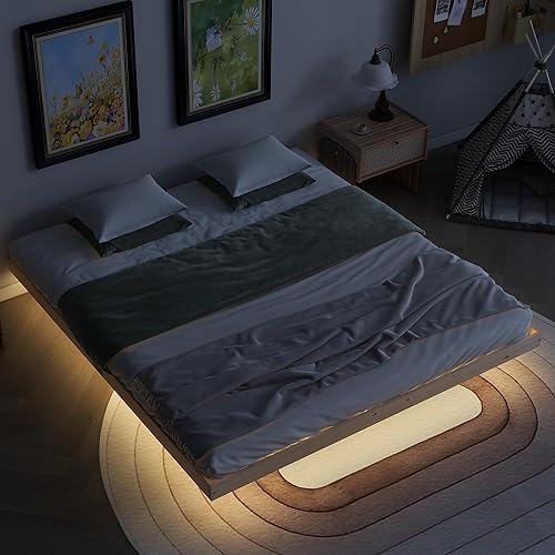 Miniatura 3 de Dolonm Marco de cama tamaño King, marco de cama flotante con luces LED, marco de cama moderno de bajo perfil, soporte de listones de madera de pino