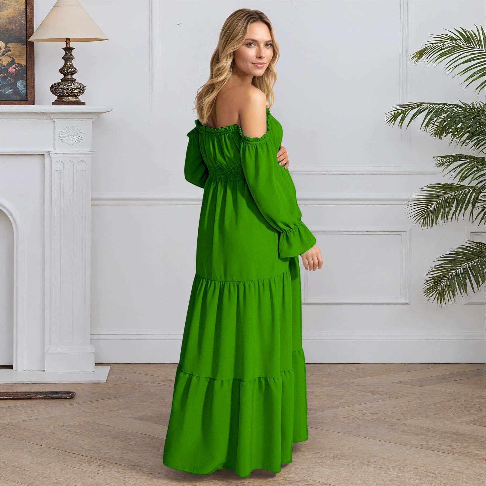 Generisch Sommer Elegantes Umstandskleid mit schulterfreiem, langärmeligem Stufenkleid, Seitenschlitz Geraffter, hoher (Green, M)