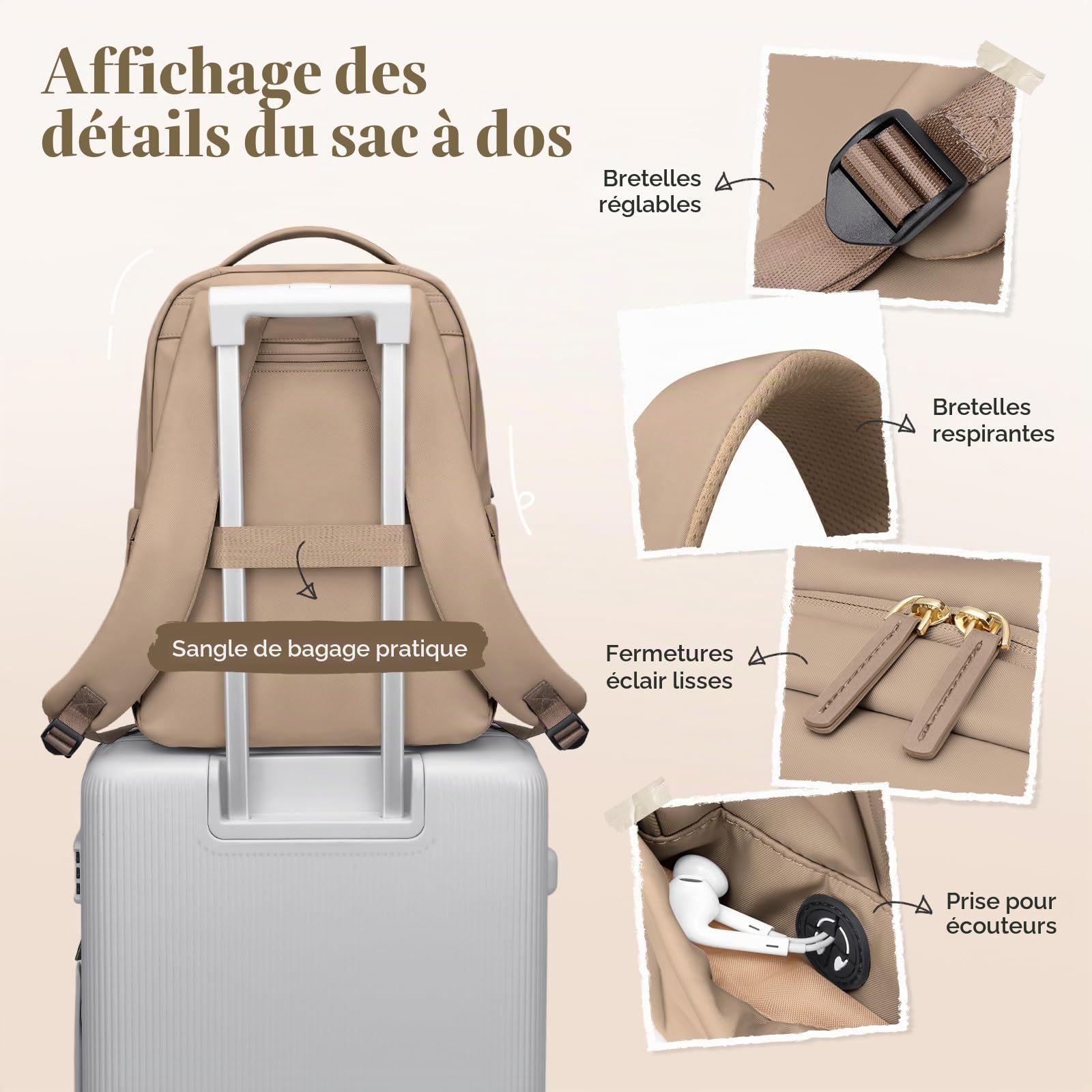 GOLF SUPAGS Sac à Dos pour Ordinateur Portable de 15.6 Pouces, Multifonctionnel Sac a Dos Femme Voyage, Sac a Dos Avion, Sac à Dos Collège, pour Voyage, Travail, Université (Champagne)