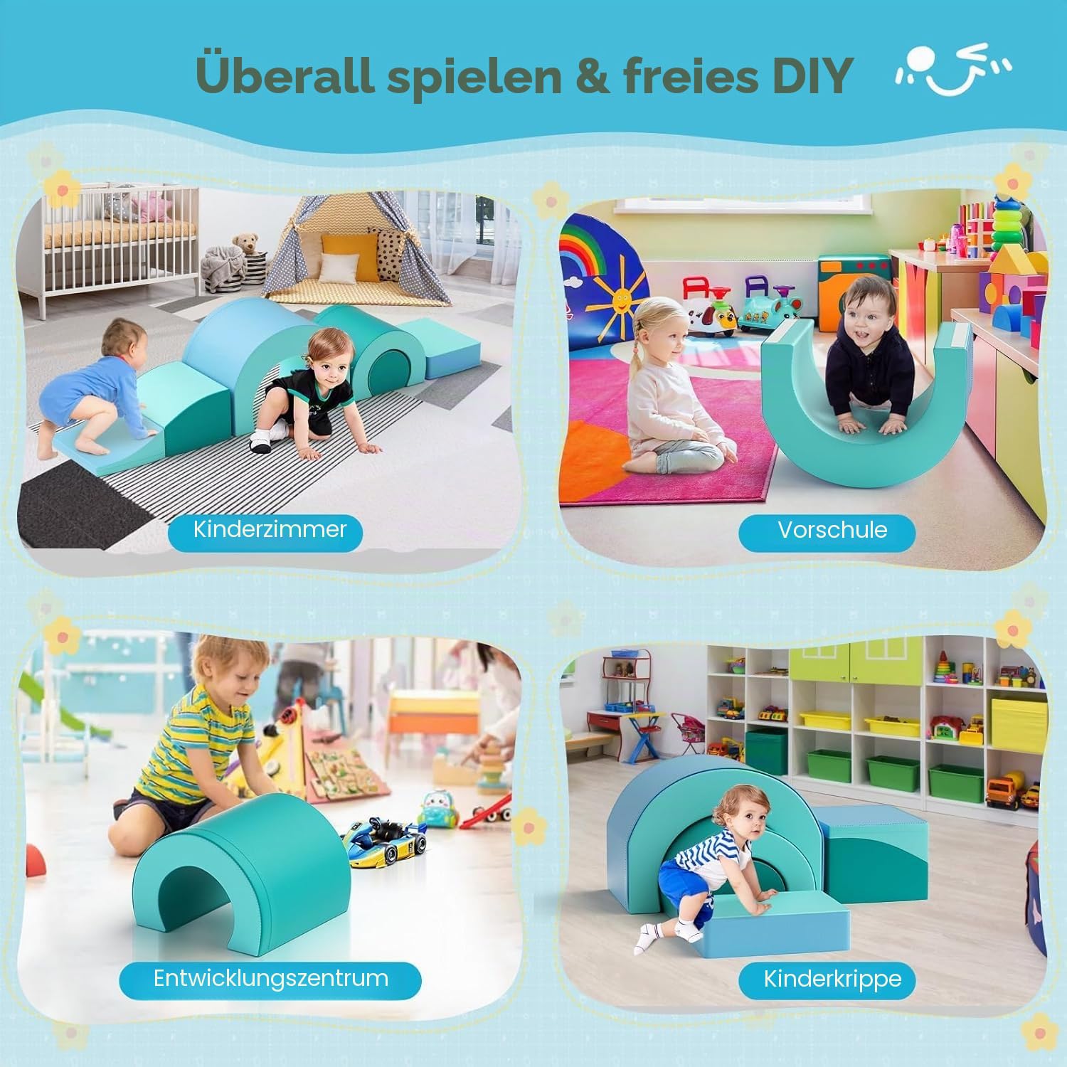 5-teiliges weiches Baby-Krabbelset mit Tunnel und Rutsche, Motorikspielzeug ab 1 Jahr, bunte Bausteine (Schnecken-Design) aus hochdichtem Schaumstoff, sicher und leicht, fördert Kreativität & Bewegung