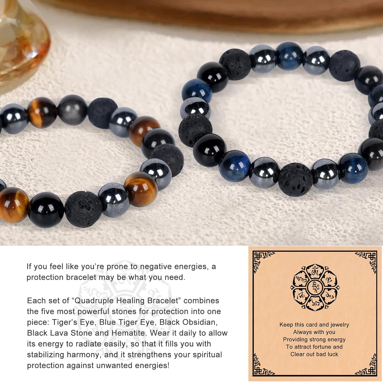 2Pcs Triple Protection Healing Bracelets for Men-10mm Black Obsidian Hematite Lava Beads Tiger Eye Bracelets Men-Gifts for Men Dad Son Boyfriend Christmas Birthday