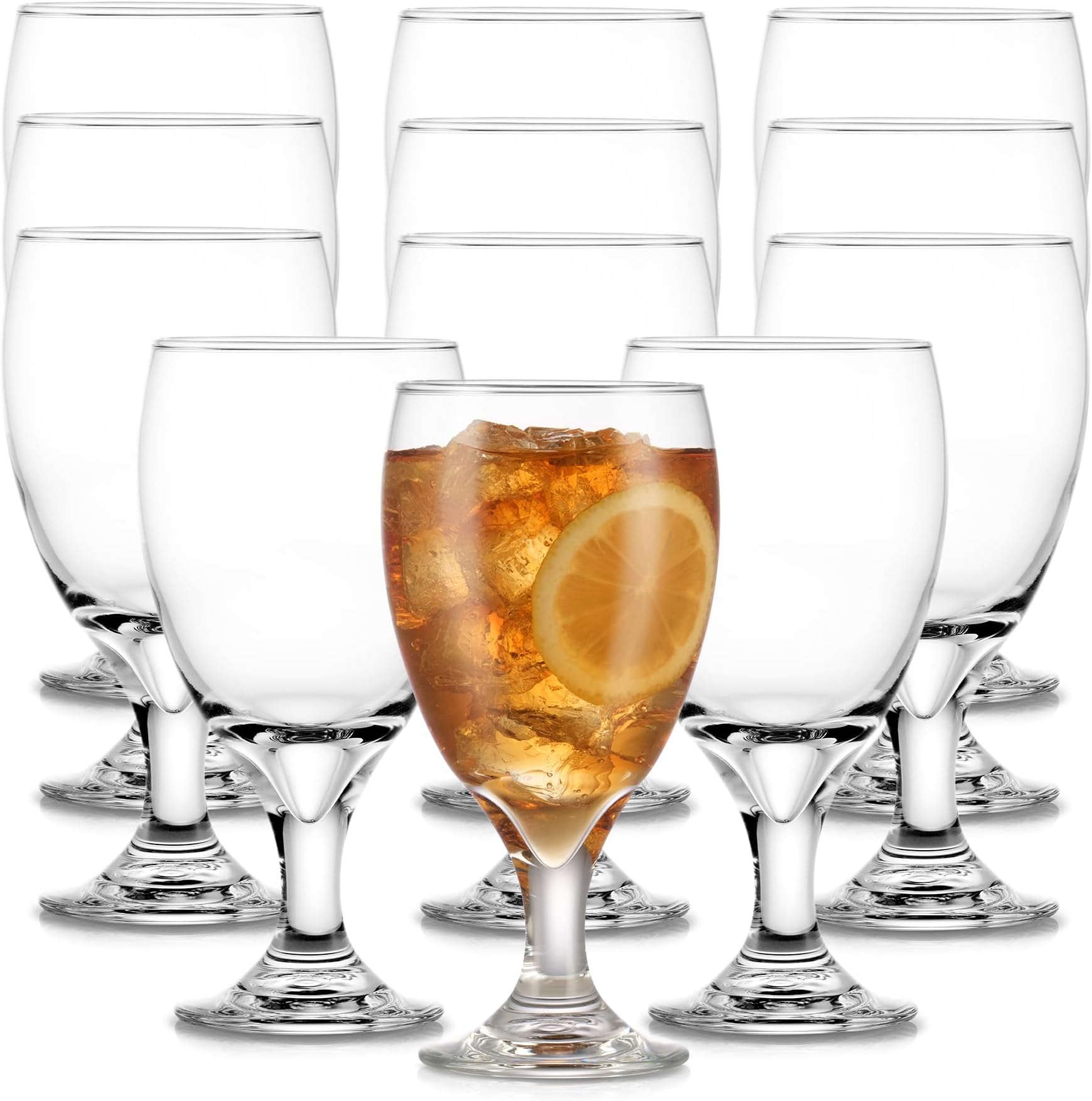 Classic Glass Goblets Set of 12, Stemmed Water & Tea Glasses | 16.25 oz Capacity for Iced Tea, Lemonade, Sangria, and More with Stemmed Design and Dishwasher-Safe Cleanup