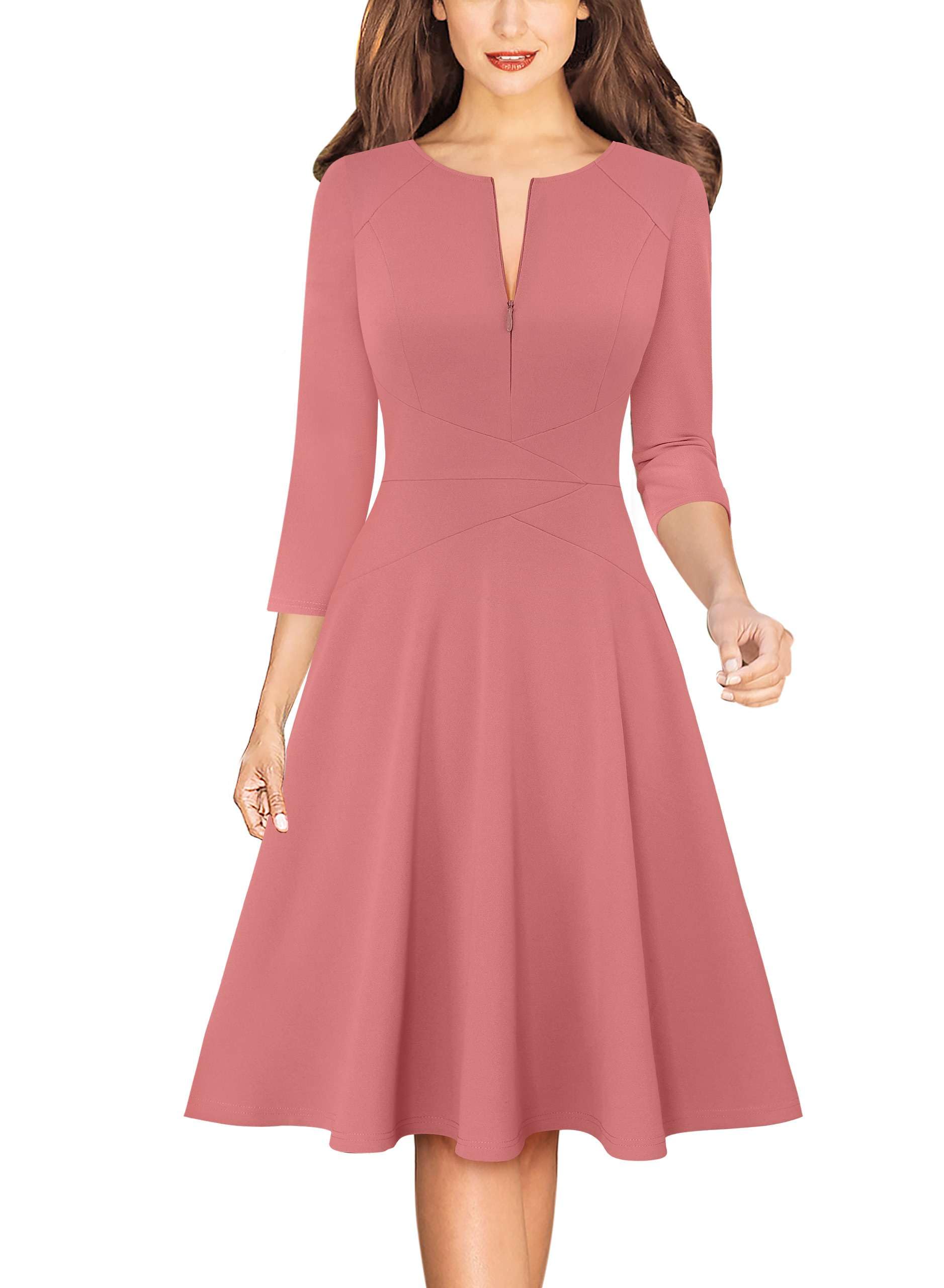 VFSHOW Womens Work Business Front Zipper A-Line Dresses 3 4 Sleeve Office Church Fit and Flare Skater Swing