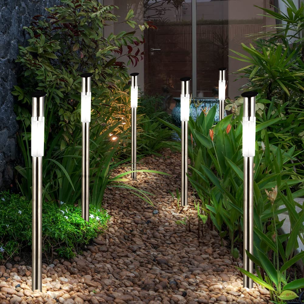 Stecklampe Edelstahl Außenleuchte Stehlampe Solarlampe Wegeleuchte, silber Kunststoff weiß, LED Leuchtmittel, DxH 5x70 cm, 7er Set
