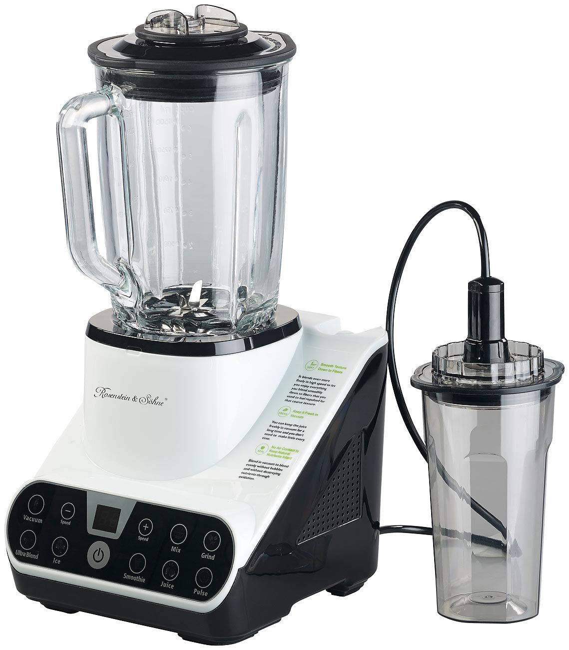 Rosenstein & Söhne vacío mezclador: Batidora de pie con función de vacío y pantalla táctil LED, 1,5 l, 1300 W (Procesadores de comida, Mezclador de alto rendimiento, Envasadoras al vacío)