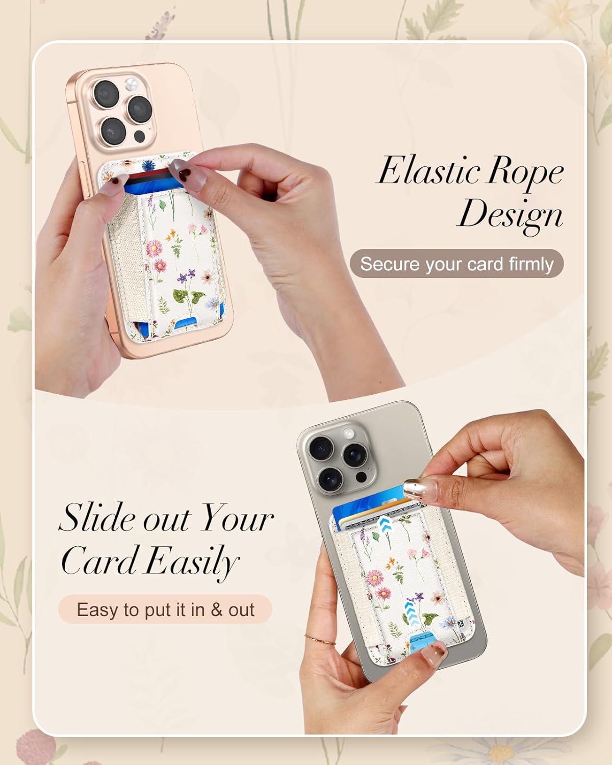 Shorogyt Compatible with Magsafe Wallet - for Magnetic Leather Card Holder Line Flower Design for Women Girls for iPhone 17/16/15/14/13/12 Series Cute Aesthetic Card Wallet with Elastic, Fit 7 Cards - Image 4