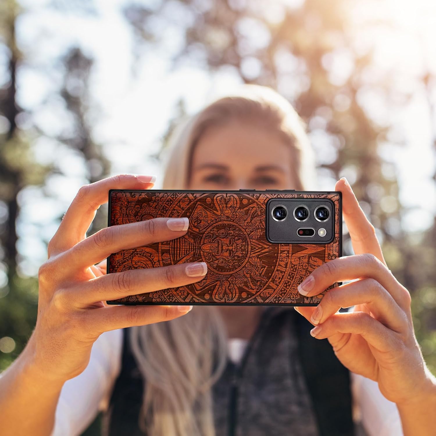Carveit Wood Case for Galaxy Note20 Ultra Case [Natural Wood & Black Soft TPU] Protective Unique Wooden Cover Compatible with Samsung Note20 Ultra (Echoes of The Maya-Rosy)