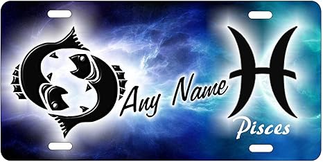 Personalized Zodiac Sign Vanity Front Plates with Any Name, 12 Designs, Aries, Taurus, Gemini, Cancer, Leo, Virgo, Libra, Scorpio, Sagittarius, Capricorn, Aquarius, Pisces. (Pisces)