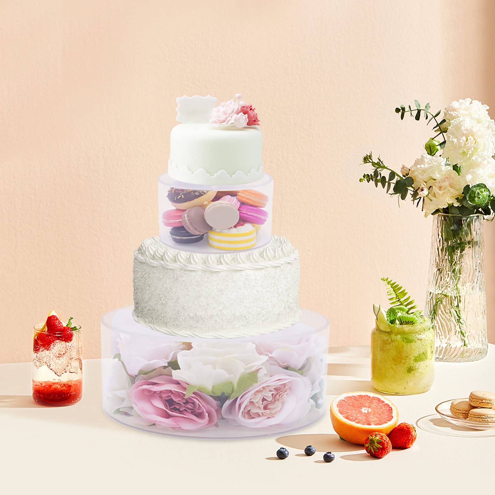 Stojak na tort, 2 sztuki, stojak na ciasto, akrylowy stojak na ciasto, akrylowy stojak na bufet, wielokrotnego użytku, do napełniania kwiatami, konfetti, LED, wielopoziomowy (przezroczysty)