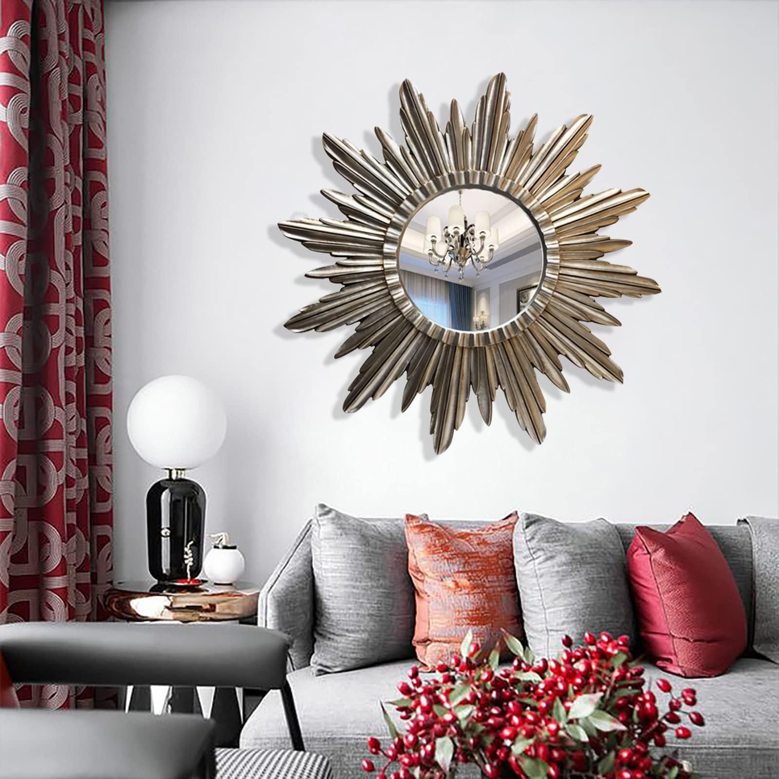 Specchio da Parete 46” Sunburst - Specchio da Parete Rotondo a Raggi di Sole Realizzato a Mano Specchio Decorativo Moderno per Soggiorno, Camera da Letto e Ingresso, Silver
