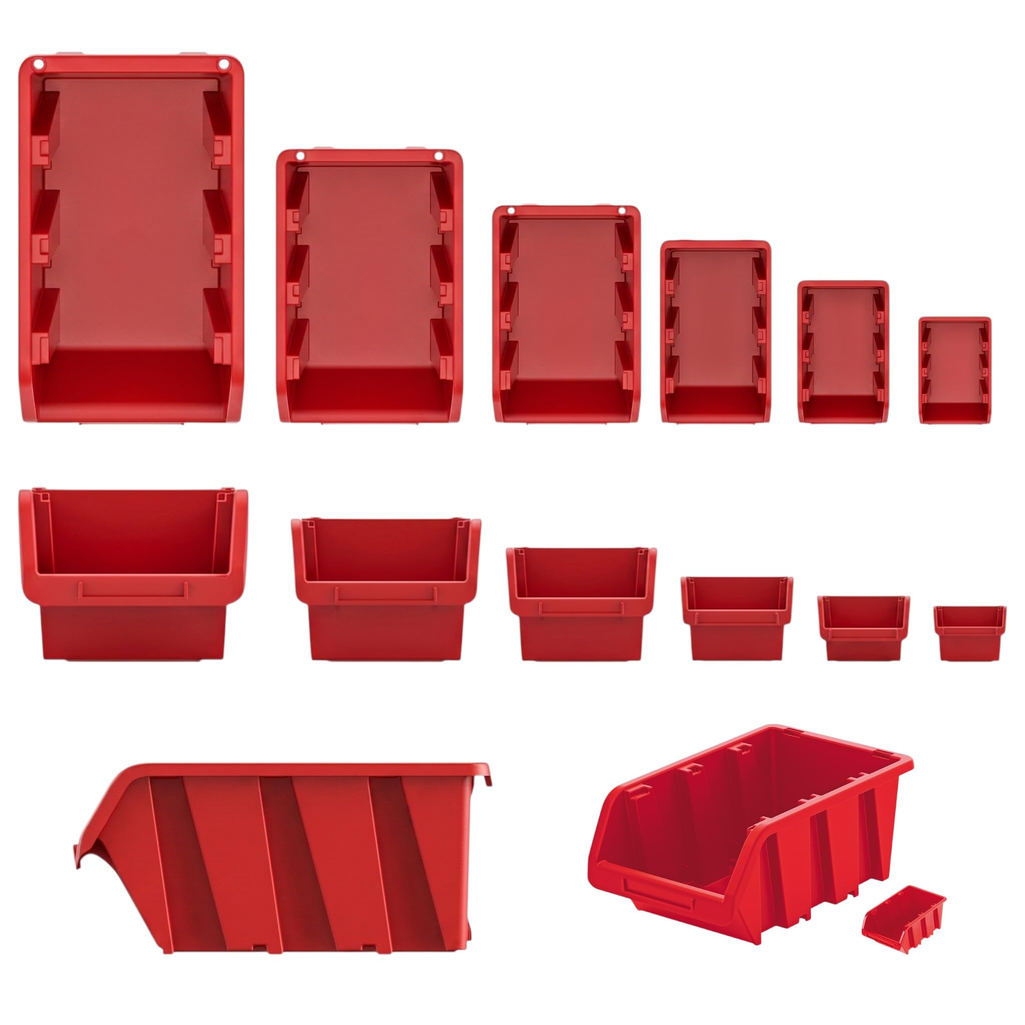 Lot de 50 boîtes de rangement empilables en plastique PP robuste avec compartiment pour étiquettes pour atelier, garage et cave (rouge, 50 pièces, 290 x 200 mm)