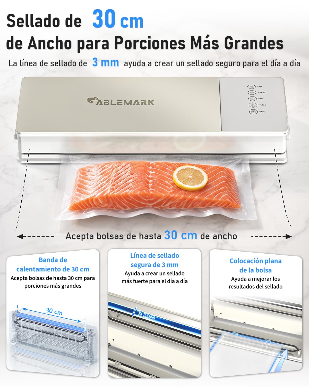 Envasadora al Vacío Doméstica, Seco y Húmedo, Línea de Sellado de 3 mm | Selladora al Vacío 30 cm, Pulse para Alimentos Delicados, Tubo para Recipientes Compatibles, 10 Bolsas Gofradas, Oro Rosa