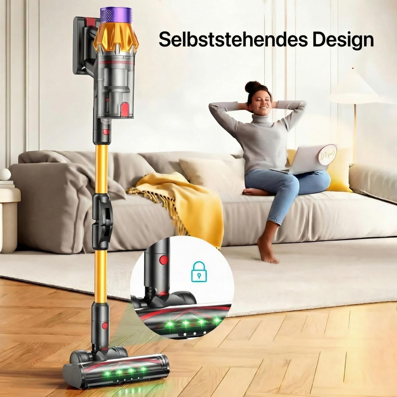 airvax akku staubsauger Y90 pro max, kabelloser staubsauger 35kpa 550w mit faltbarem saugrohr und milbenbuerste, 40 minuten laufzeit, beutelloser akkusauger für teppich hartboden sofa auto Gold