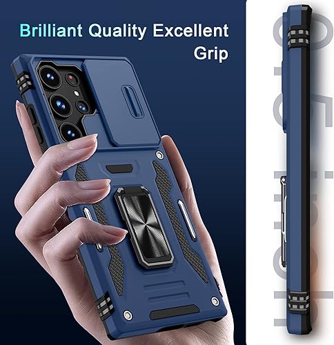 Miniatura 8 de DEERLAMN Funda para Samsung Galaxy S23 Ultra con cubierta para cámara deslizante, soporte de anillo giratorio integrado protección completa de la