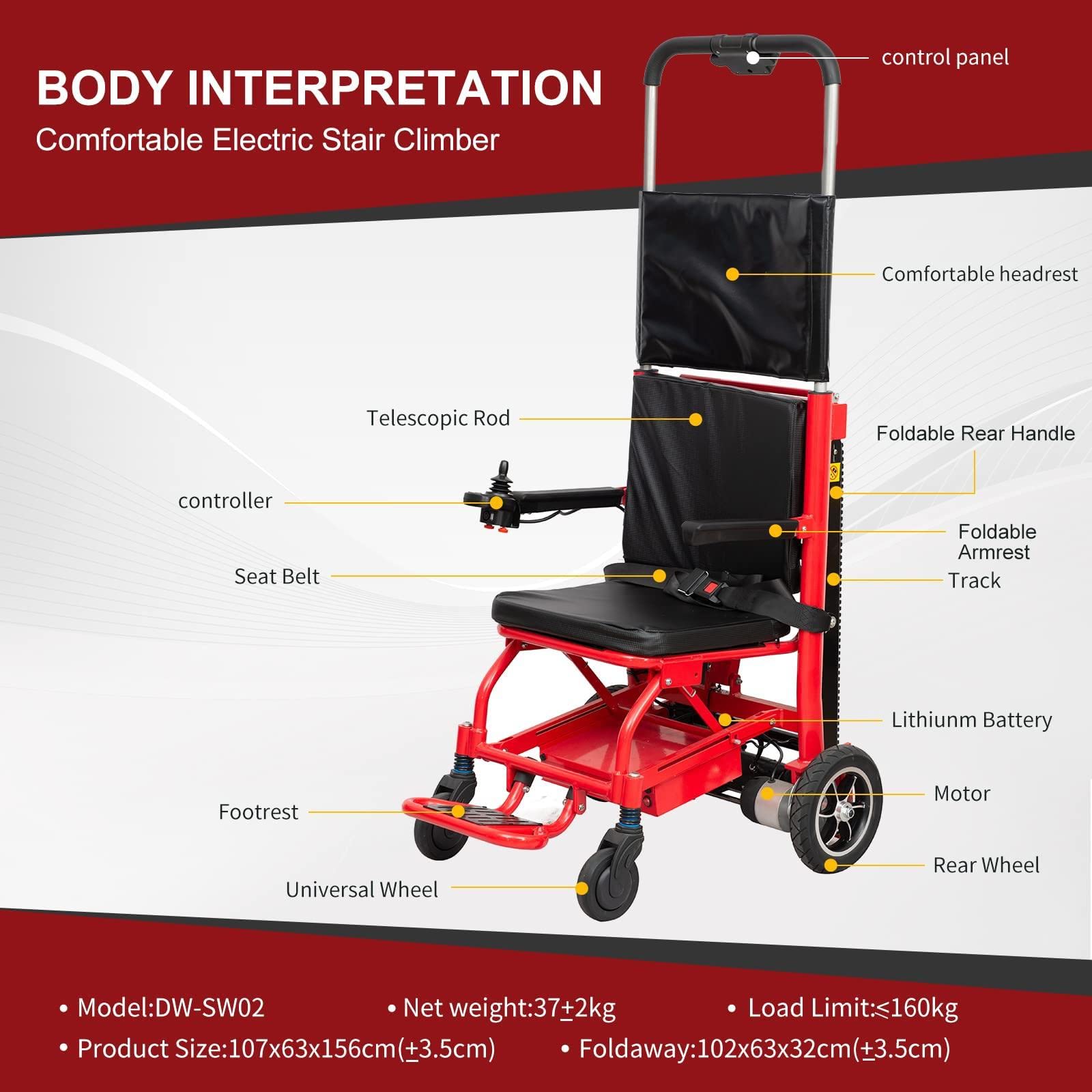Zusammenklappbarer Hochleistungs-Elektrischer Treppensteiger-Wagen Stair Climber, mit Kissen/Rückenkissen, 24-V-Batterie/LCD-Display/13'' großes Hinterrad/Last 363lb