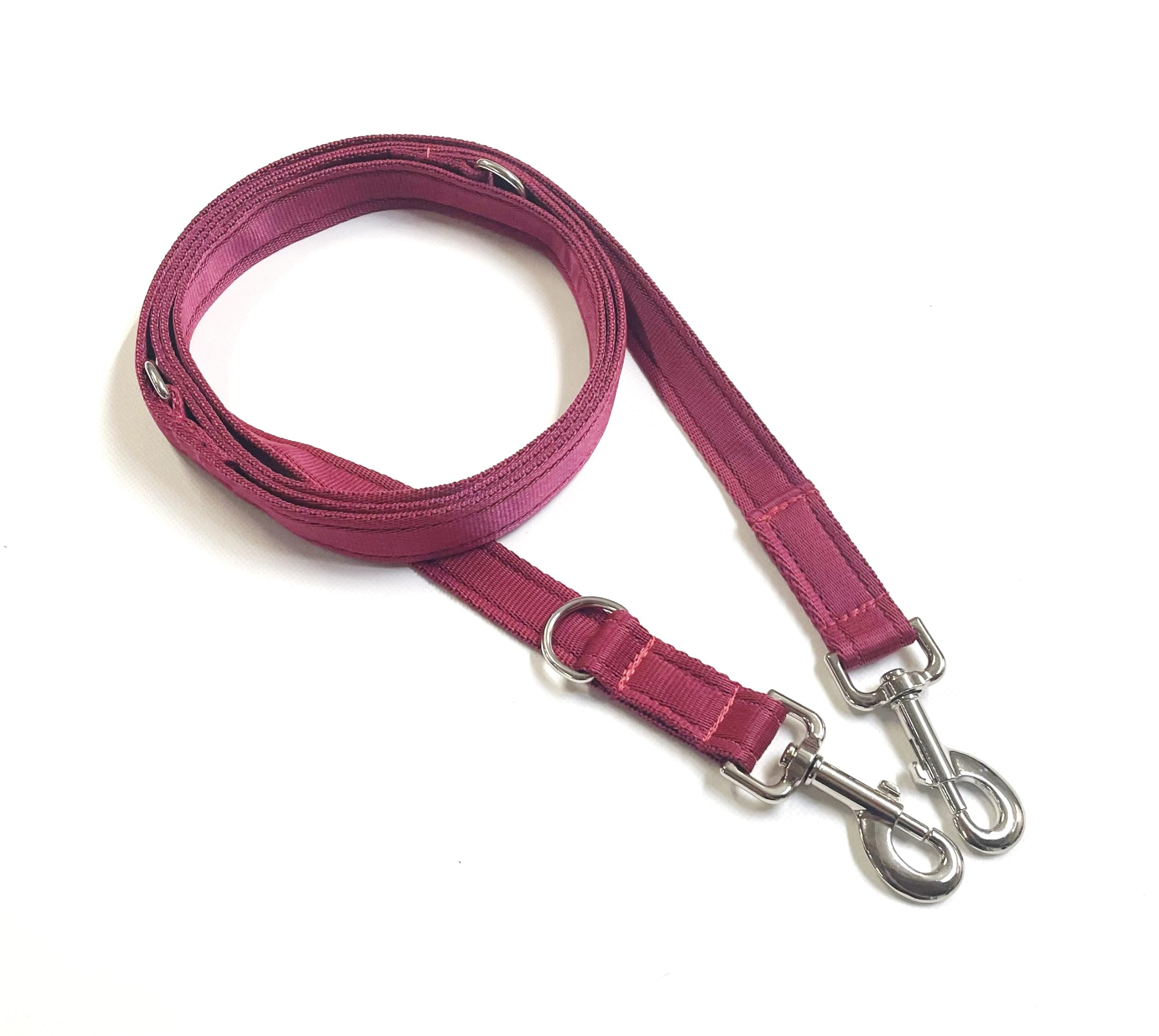 25mm Police Style Dog Training Leads Obedience Control Leash Multi-Functional Double Ended In Cushioned Webbing (Burgundy, 8ft (2.4m) Long)