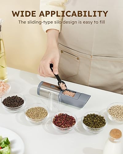 Miniatura 7 de Sangcon Gravity - Molinillo eléctrico de sal y pimienta con interruptor de seguridad, funciona con pilas con luz LED, grosor ajustable, accesorios