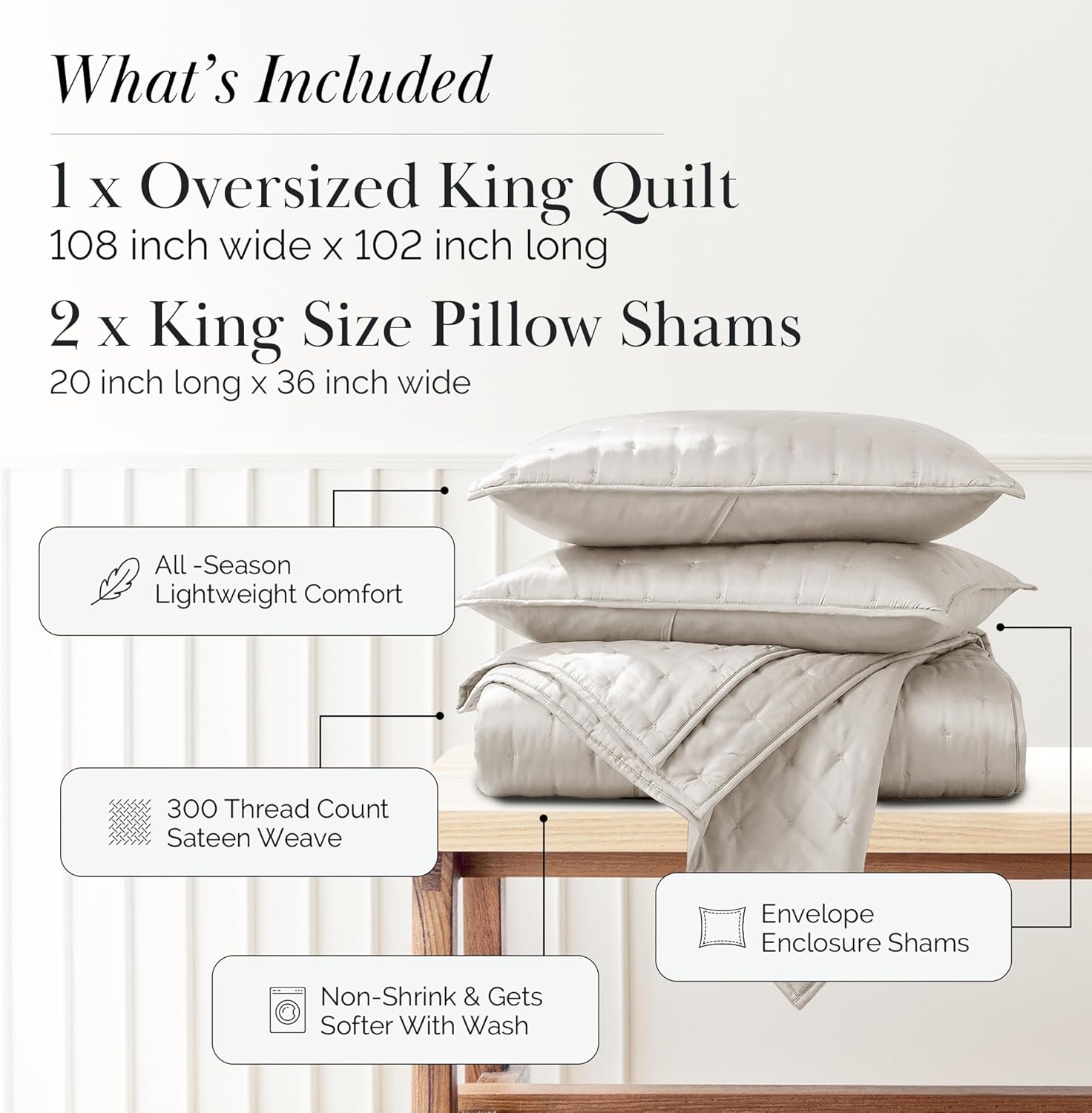 Southshore Fine Living, Inc. Rayon Derived from Bamboo Quilt, King Size Set with 2 Pillow Shams, 300 Thread Count Bedding Set, Quilted Bedspread, Coverlet King/California, Bone