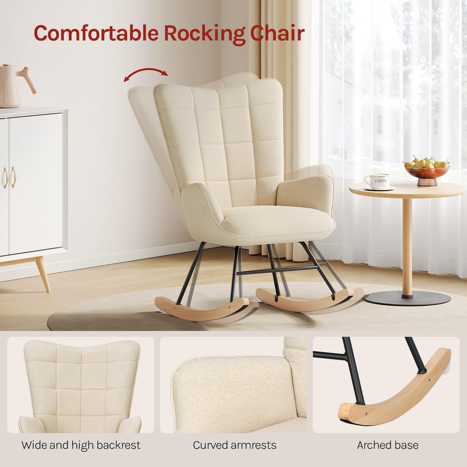 WOLTU Fauteuil à Bascule Adulte, Fauteuil à Oreilles Rembourré, Chaise Relaxante sur Pieds en Métal et en Bois Massif pour Salon, Chambre, Balcon, Terrasse, Jardin, 90x68x94cm, Beige